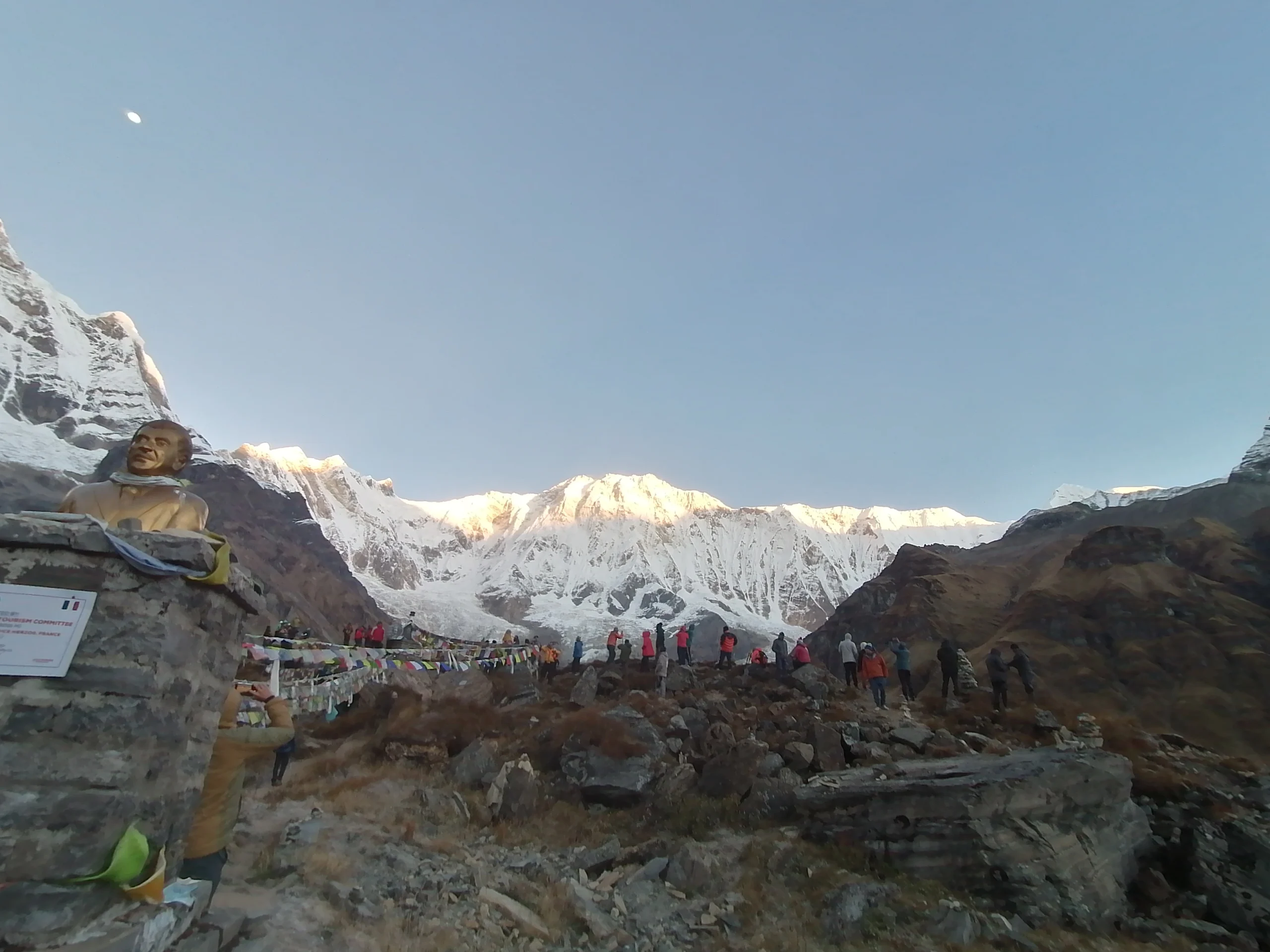 Close-up of the 8,091m summit of Annapurna I. A clear mountain view captured during a guided Himalayan trek to the Annapurna Sanctuary in Nepal