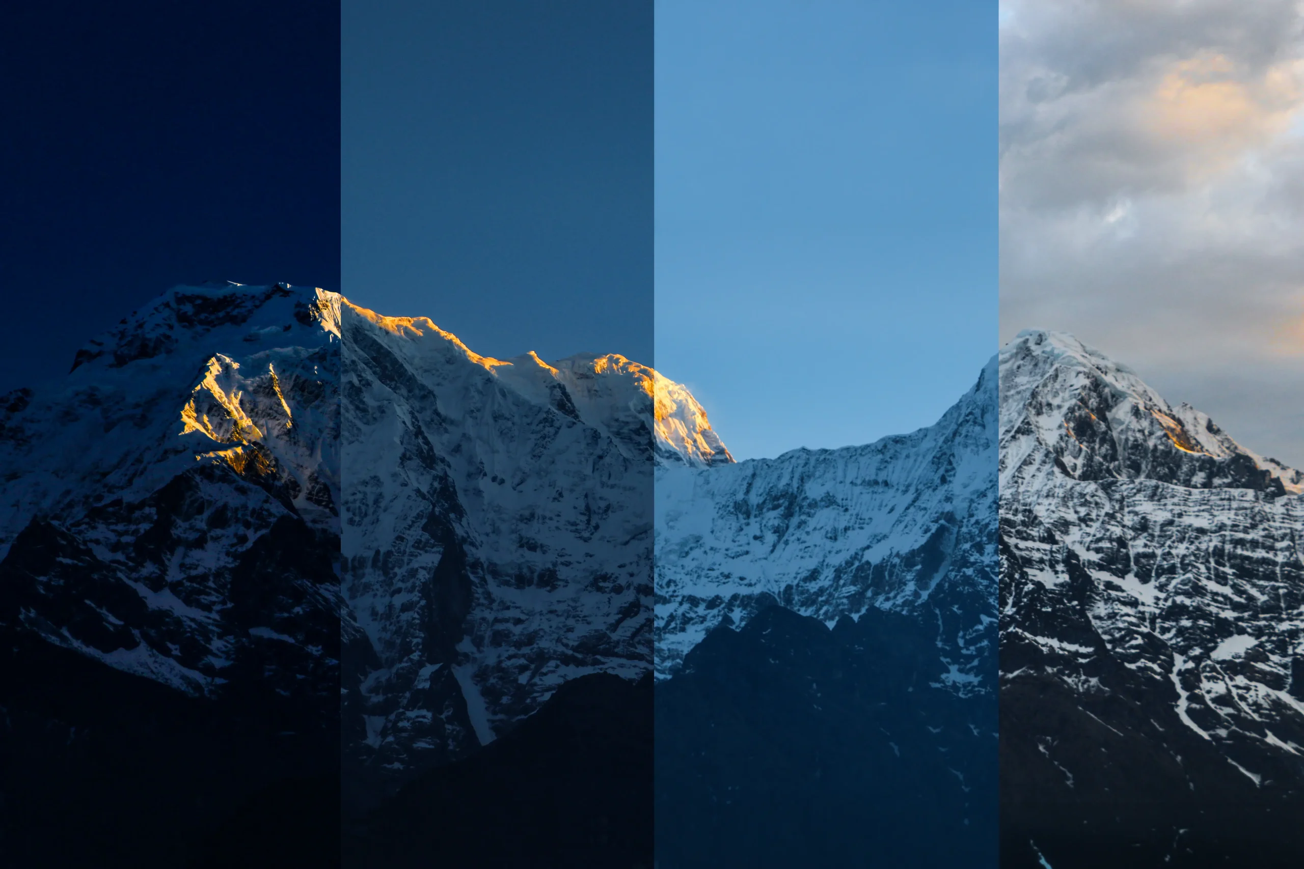 A four-panel color grading comparison slice of Annapurna South mountain peak at sunrise, showing different blue and warm golden lighting tones.
