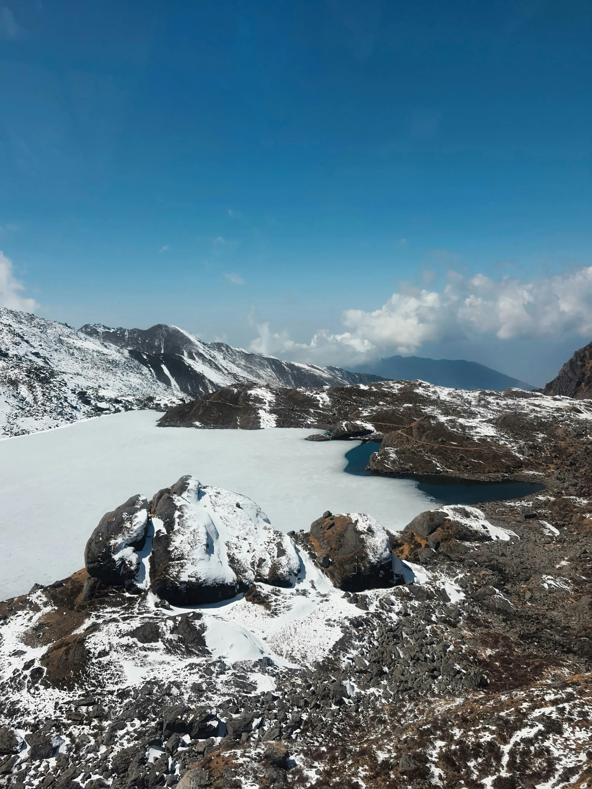  A breathtaking aerial view of Gosaikunda Lake in Nepal, partially frozen with snow and surrounded by snow-dusted rocky terrain. The stunning alpine landscape showcases the lake's bright blue water against white snow, with majestic Himalayan mountains in the background under a clear blue sky. This illustrates why the Gosaikunda trek is famous for its spectacular high-altitude scenery, sacred waters, and challenging but rewarding hiking experience at 4,380 meters elevation.
