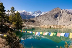 A serene scene of cultural trekking in Nepal, showcasing Dhumba Lake surrounded by pine trees, colorful Tibetan prayer flags, and snow-capped Himalayan mountains reflecting in the clear turquoise water.