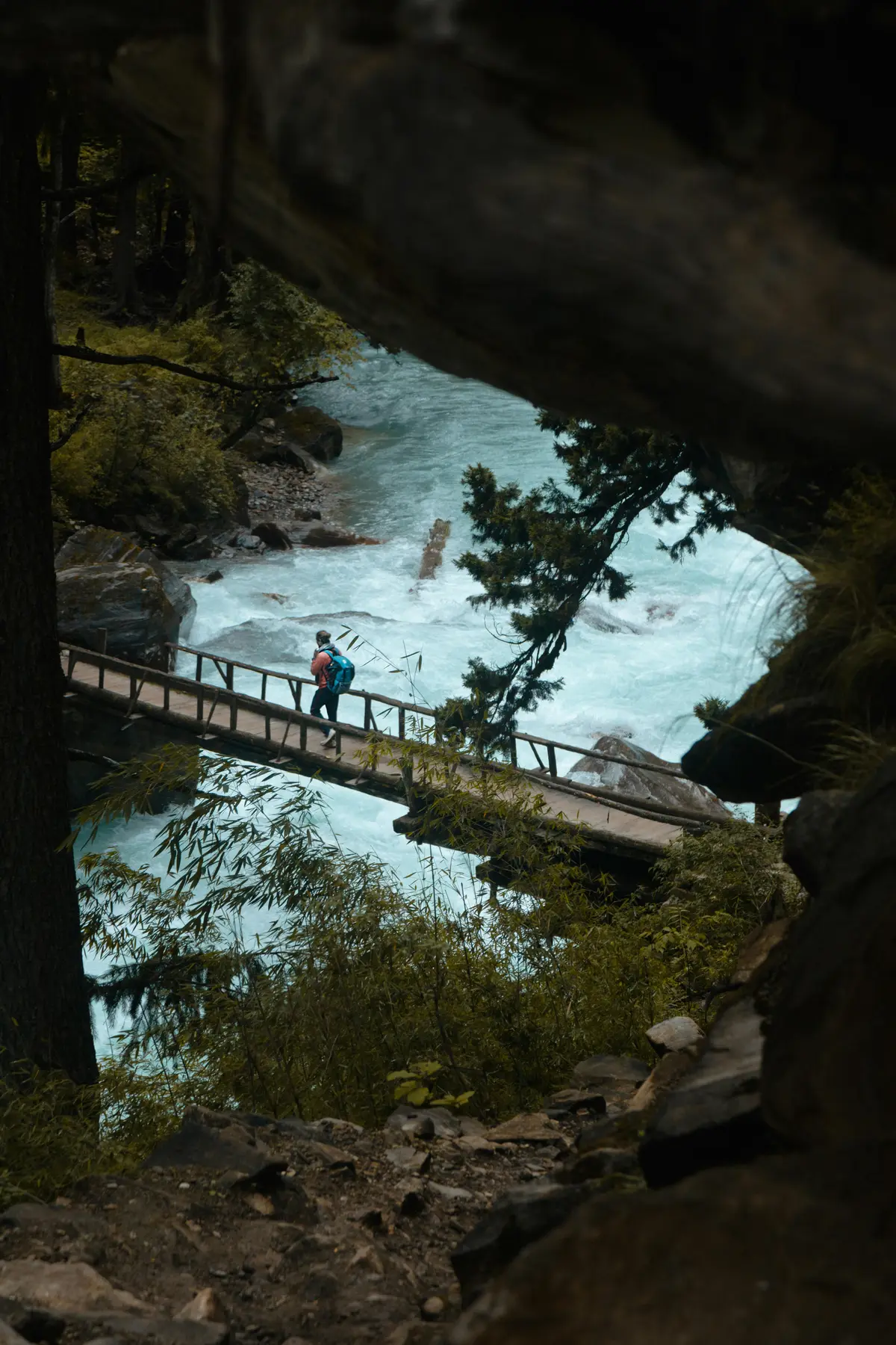 A trekker with a backpack crosses a wooden bridge over a fast-flowing turquoise river surrounded by dense forest, illustrating why trek in Nepal offers breathtaking natural beauty and adventurous trails.