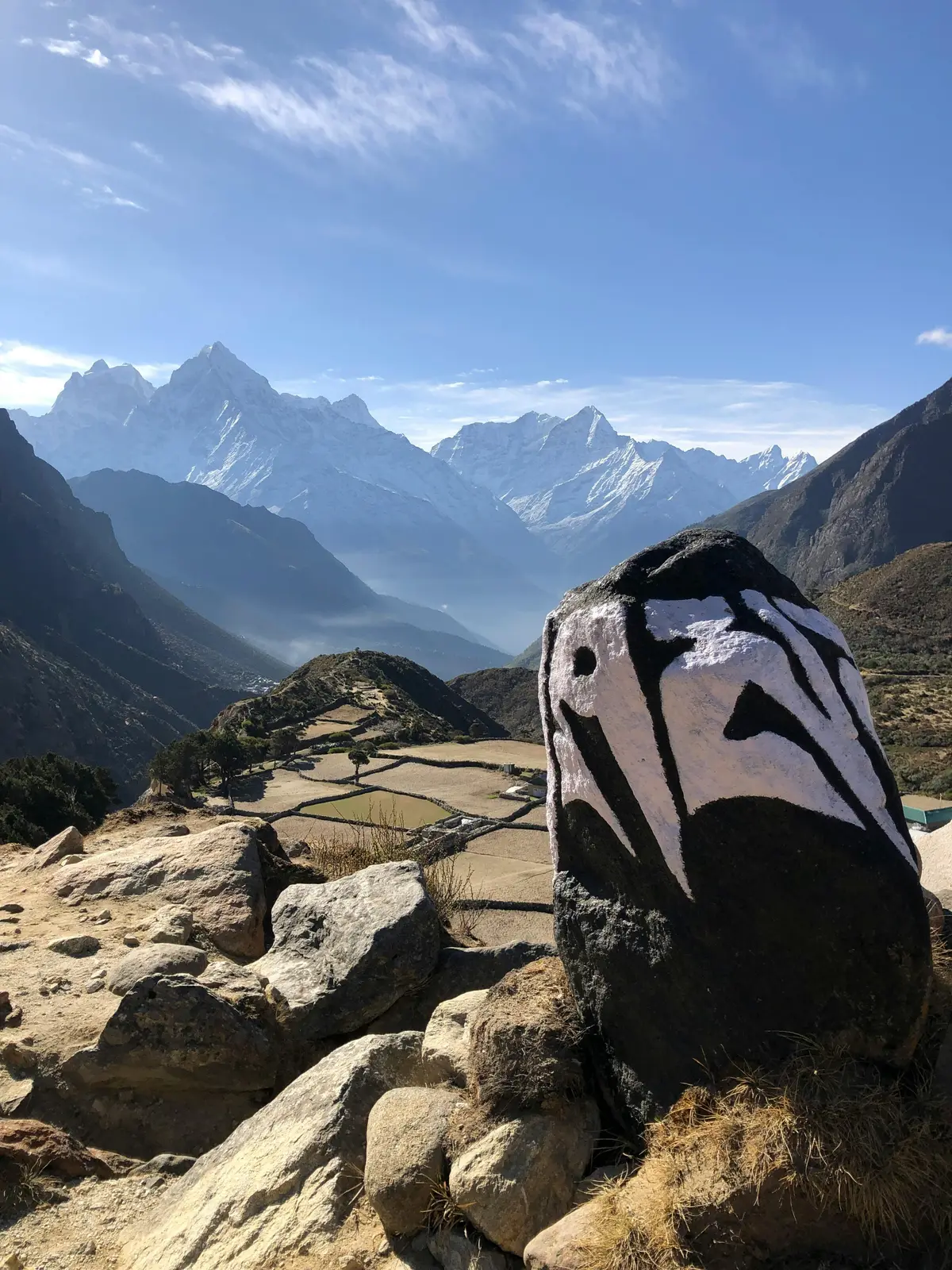A sacred stone inscribed with traditional Buddhist script stands in the foreground overlooking terraced fields and the majestic snow-capped peaks of the Himalayas, reflecting the spiritual and agricultural harmony embedded in Nepalese culture.