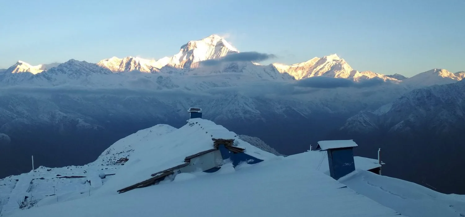 Panoramic winter view of Mount Dhaulagiri from the snow-covered Khopra Ridge trek in Nepal.