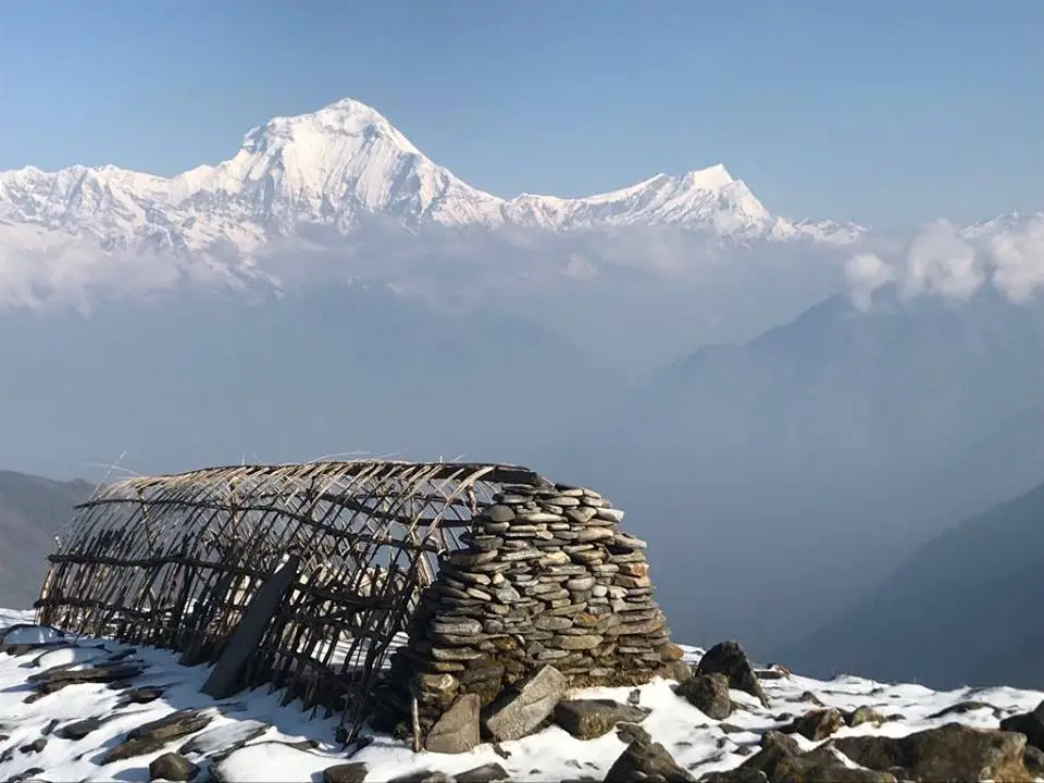 View of Mount Dhaulagiri from the community lodge at Khopra Danda in deep winter snow.
